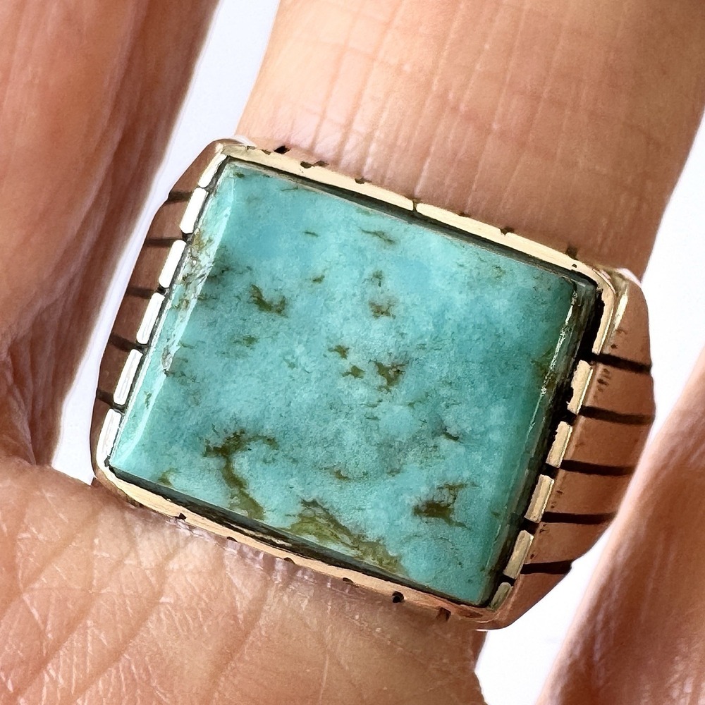 Navajo Turquoise Mens Ring Sz 12 Rectangle Signed Jack Sterling 14mm‎